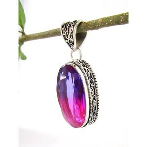 Oval BiColor Simulated Tourmaline Pendant Silver 925 Bohemian Purple Pink NEW